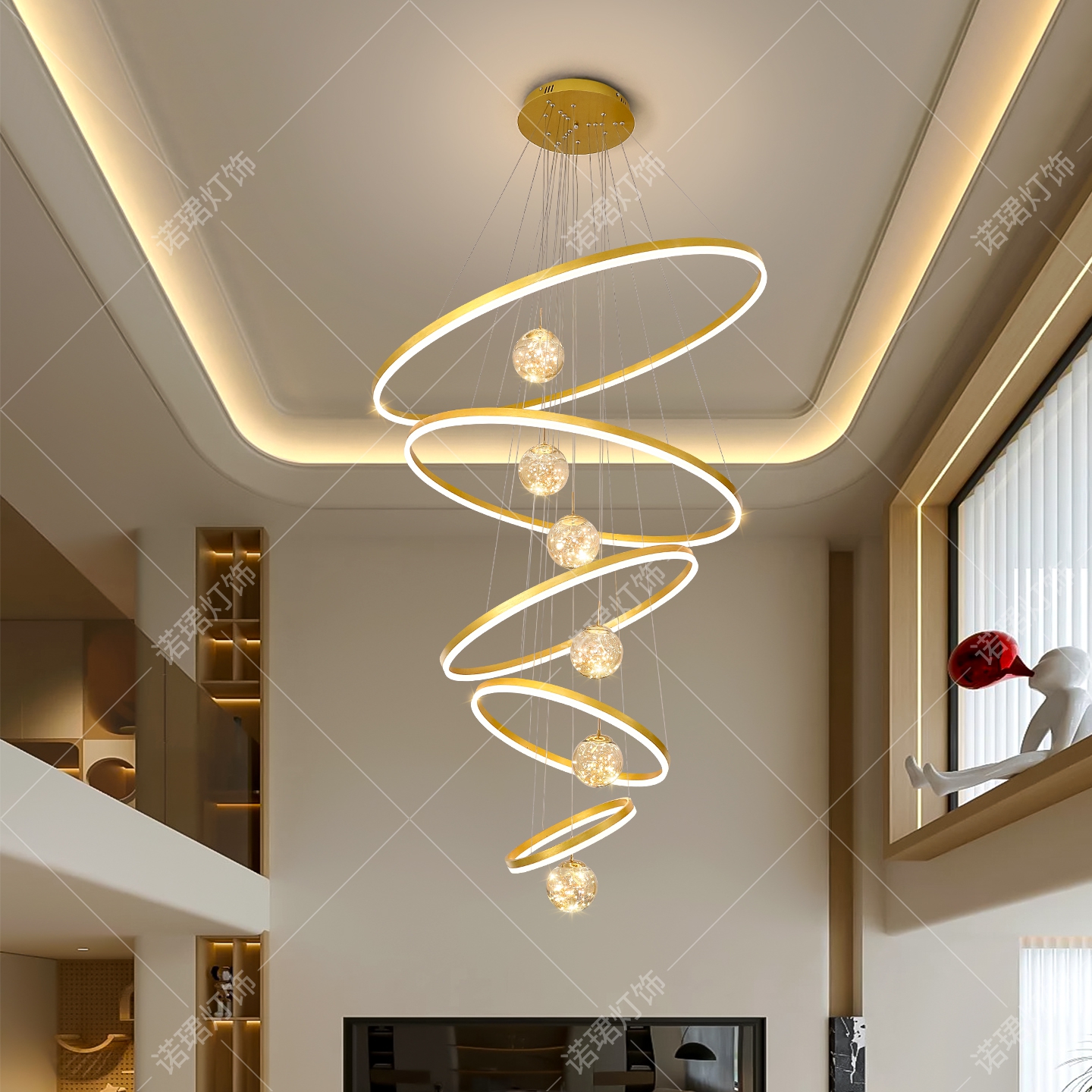 别墅中空客厅大吊灯+天猫智能