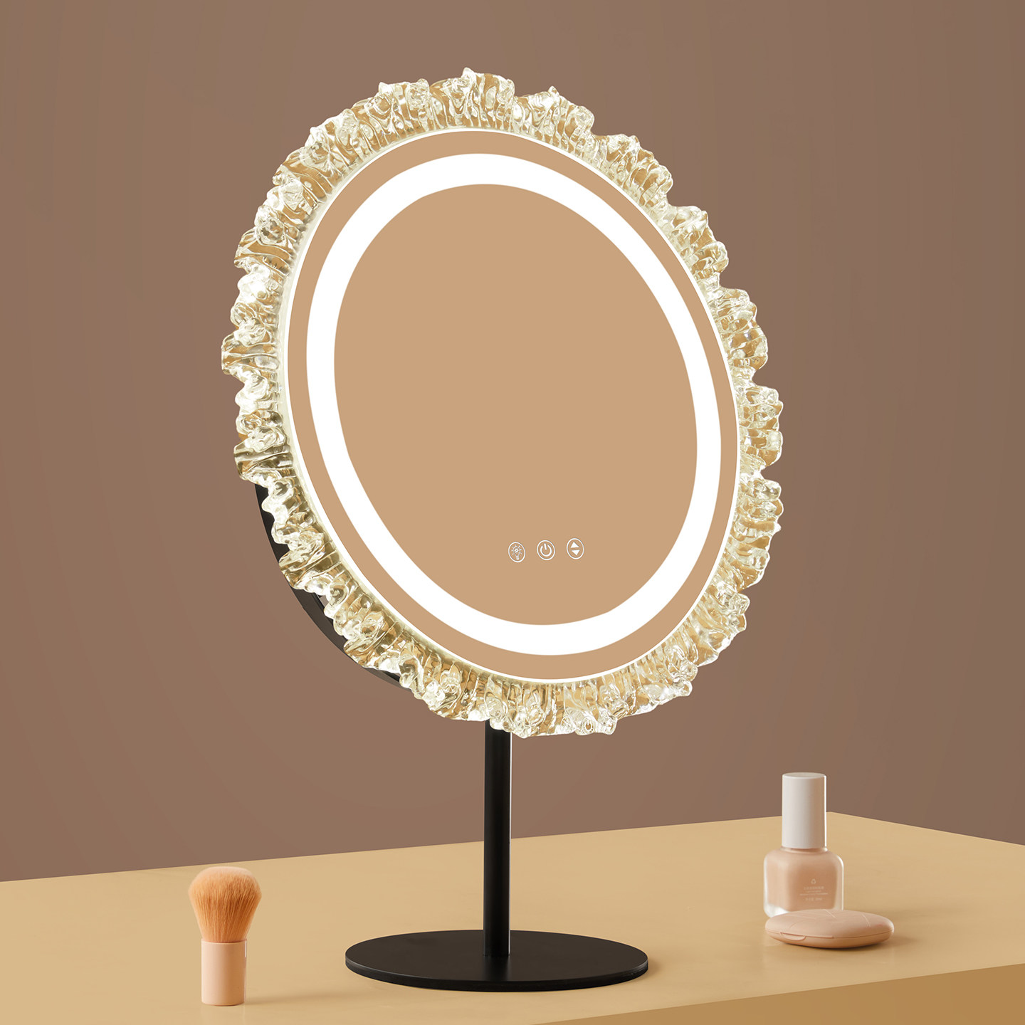 化妆镜led带灯桌面台式轻法式主卧太阳花梳妆镜可旋转梳妆台镜子