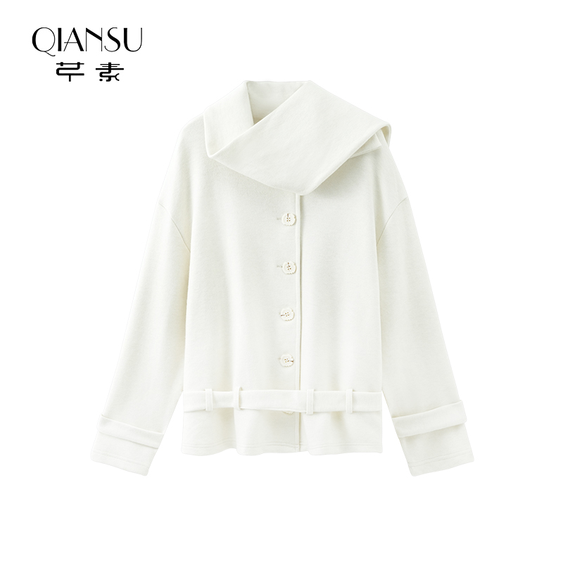 芊素法式围巾领设计休闲外套冬季新款收腰显瘦高级短大衣5497018