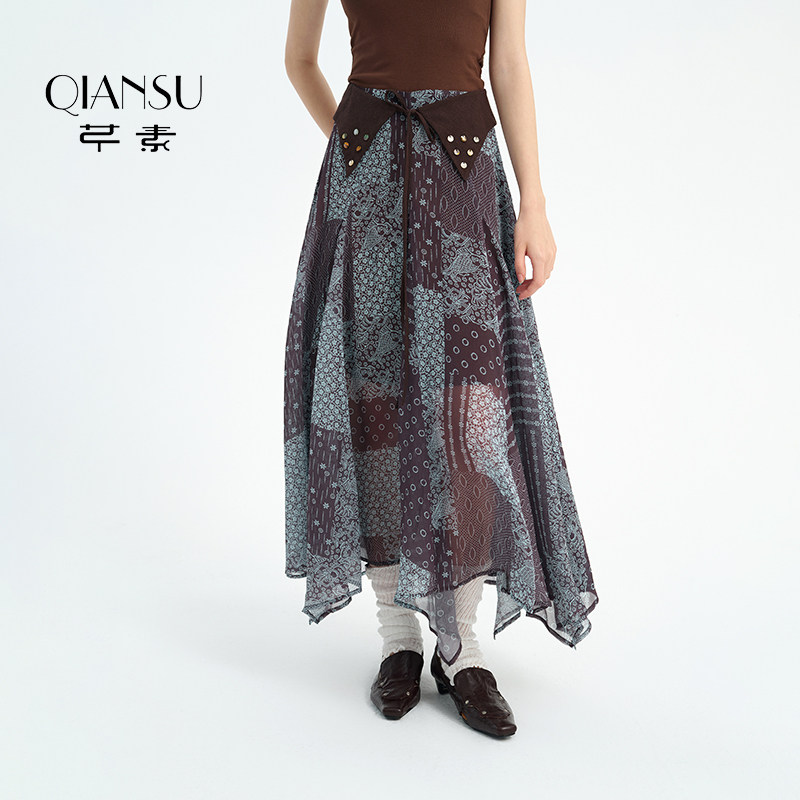 芊素淑女风印花半身长裙女中腰不规则飘逸优雅气质裙6263003