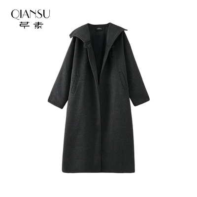 芊素复古赫本风立领毛呢外套冬季高级感收腰长款呢子大衣5423027