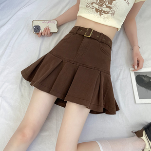 咖啡色百褶裙女牛仔半身裙2026小个子显瘦辣妹薄夏季裙棕色短裙子