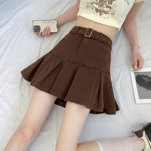 牛仔百褶裙女防走光裙裤半身短裙