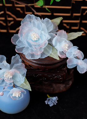 新款原创设计古风汉服手工制作超仙蓝色纱花发夹日常百搭绢纱发饰