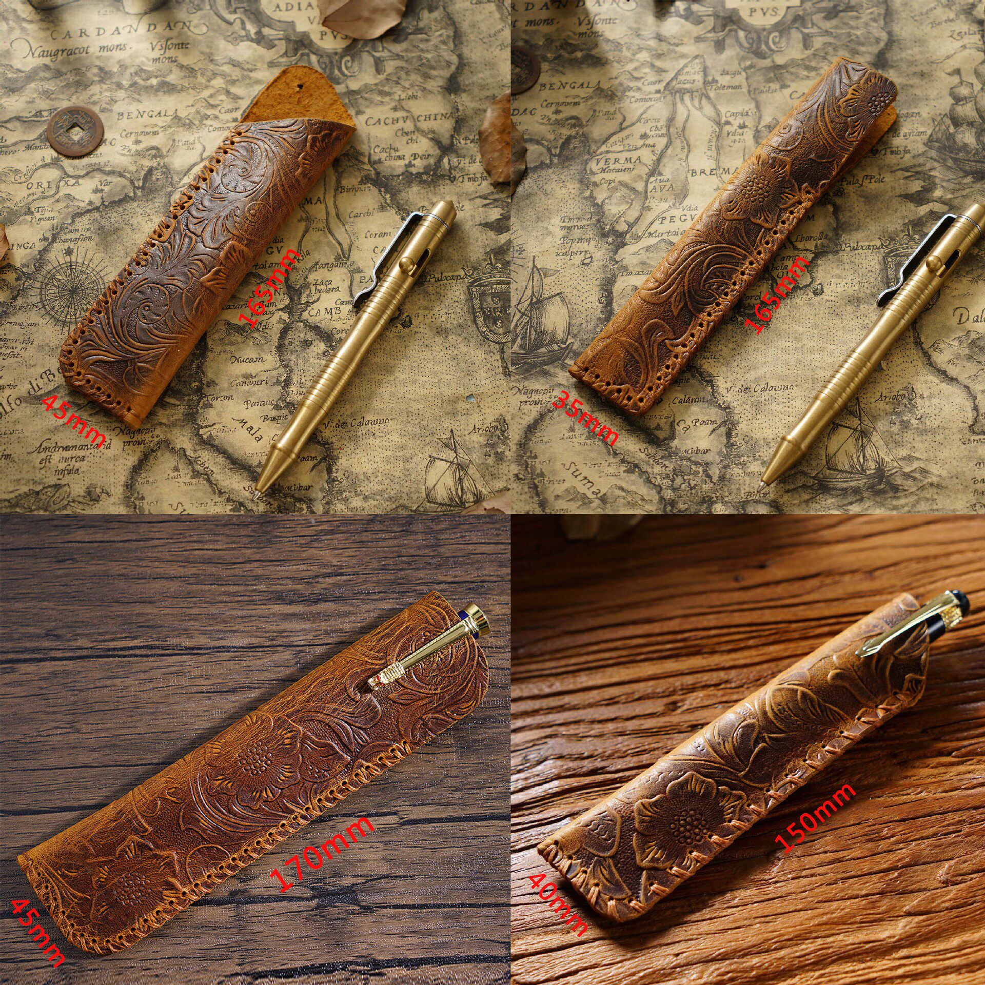 复古雕花牛皮笔套创意茶铲刀套个性纯手工头层皮笔盒保护套现货