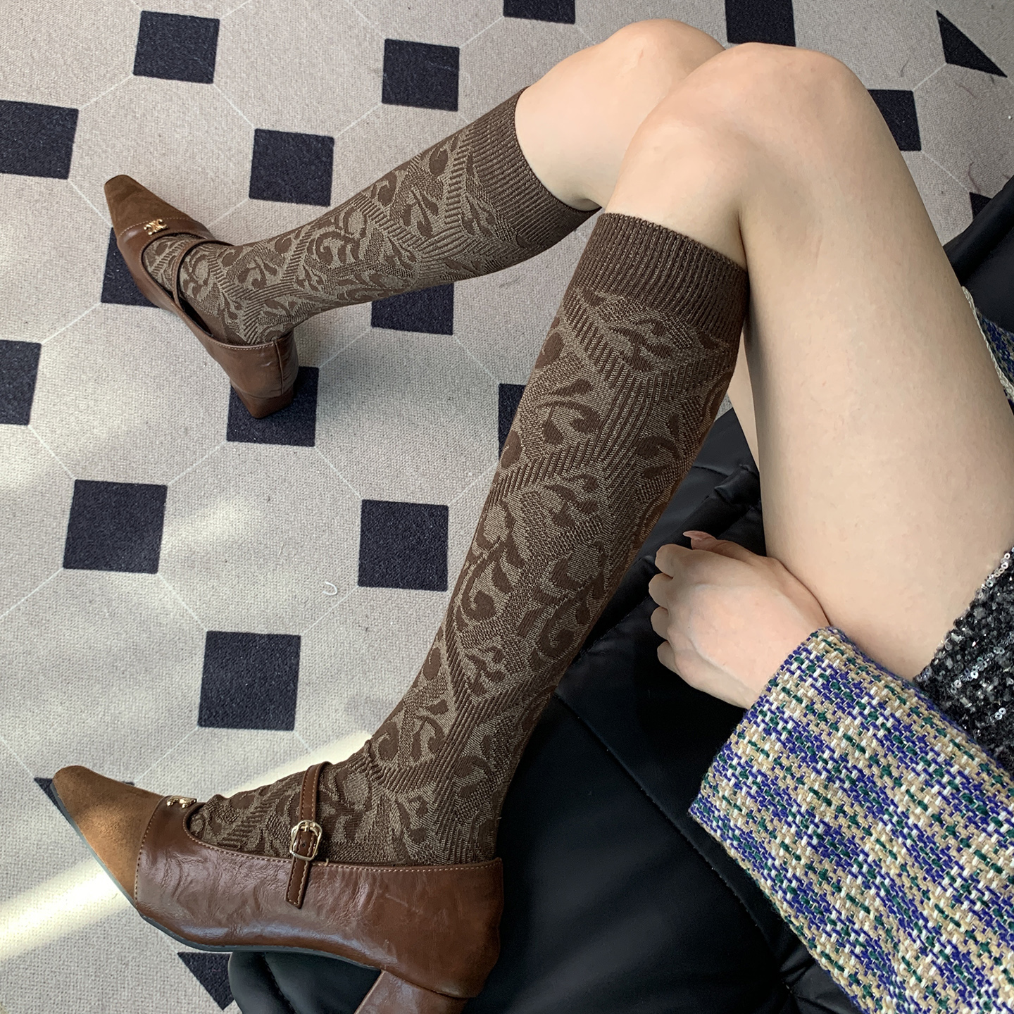 意大利Fine Kinitting细密针法复古甄选咖啡色织花秋季小腿袜女DF