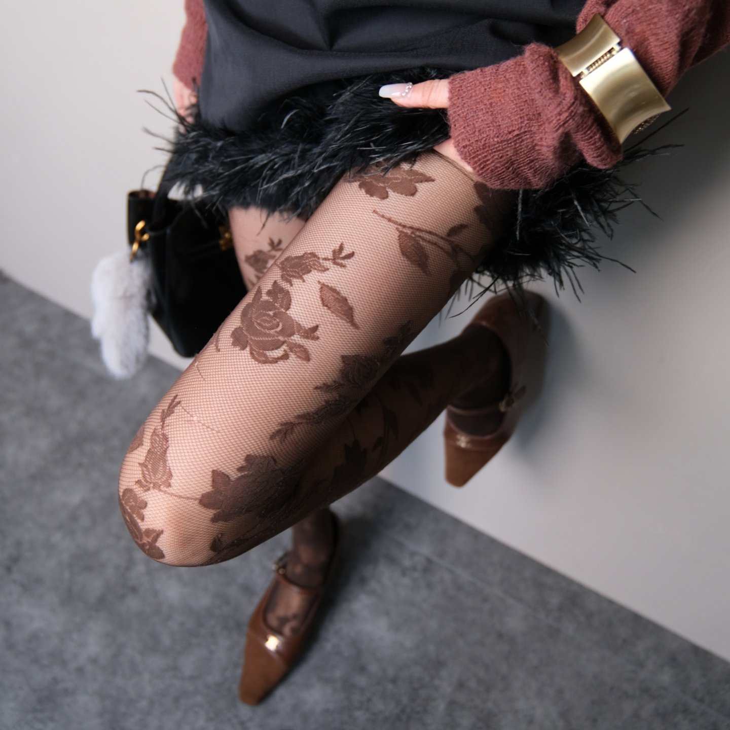 如雾般朦胧~法式复古花卉提花咖色连裤袜显瘦美腿提花丝袜打底袜