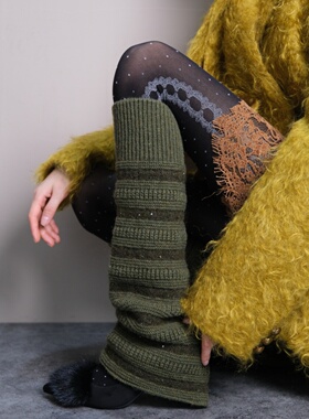 哥特诗篇~秋冬羊毛针织微喇军绿色袜套叠搭轻奢波点麻花纹连裤袜