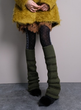 哥特诗篇~秋冬羊毛针织微喇军绿色袜套叠搭轻奢波点麻花纹连裤袜