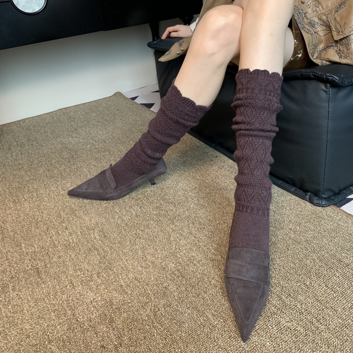随心即高级~复古木耳边镂空针织深咖色小腿袜轻熟龄优雅堆堆袜