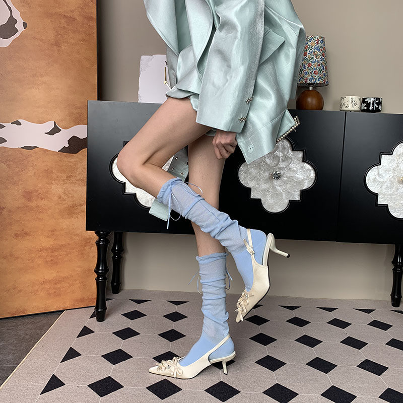 沐浴心中的爱意~夏季高级潮流时尚ins纯欲甜美小众绑带蓝色小腿袜