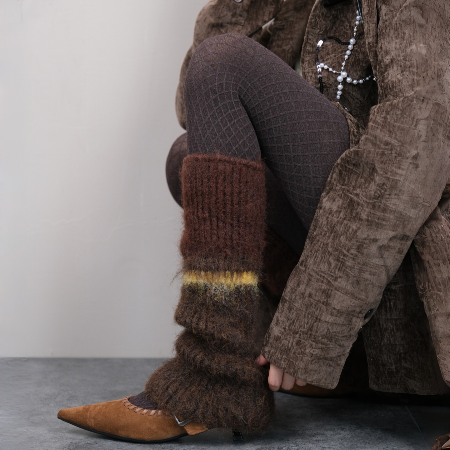 Opera Garnier莫瑞系慵懒菱格深咖色连裤袜叠搭软糯条纹堆堆袜套