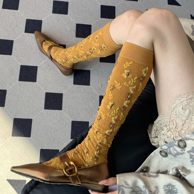 博物馆联名系列艺术衍生款莫瑞系手工精织橙色小花秋冬季小腿袜女