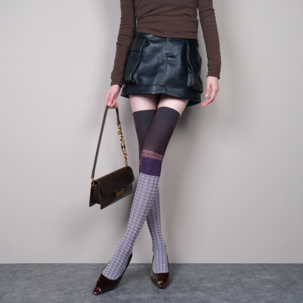 感觉不会过期~法式复古撞色拼接纹格紫过膝高筒袜打底袜,女士内衣/男士内衣/家居服,长筒袜,淘宝优惠券,粉丝福利购,淘宝优惠卷