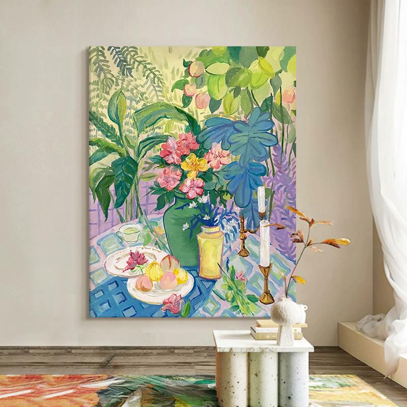 客厅玄关花卉装饰画抽象植物马蒂斯手绘油画餐厅小众艺术肌理挂画图片