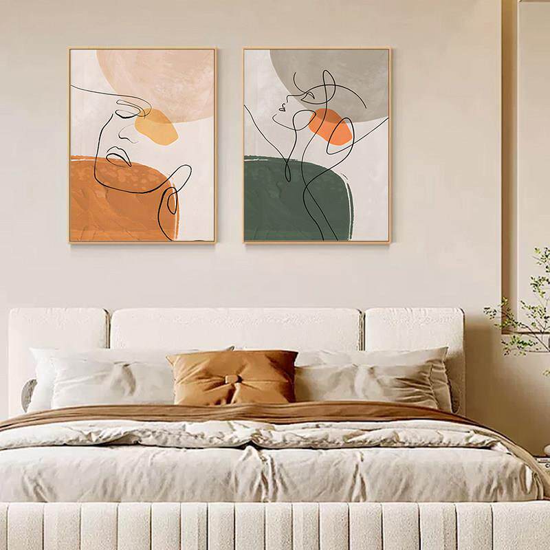 酒店卧室房间客房床头挂画人物抽象线条橙色肌理感女人北欧风壁画