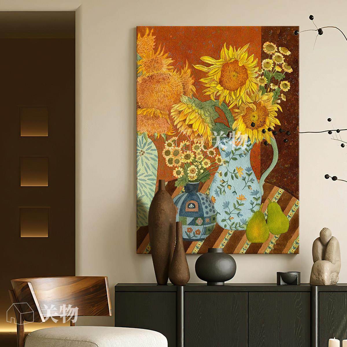 静物时光中古风手绘花瓶梨子向日葵纯手绘油画客厅挂画玄关装饰画,家居饰品,油画,淘宝优惠券,粉丝福利购,淘宝优惠卷