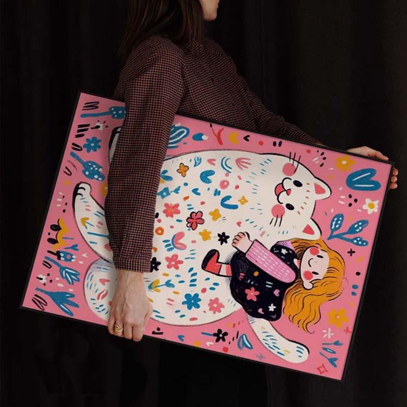 现代简约卡通可爱女孩小猫温馨卧室装饰画儿童房床头挂画餐厅壁画图片