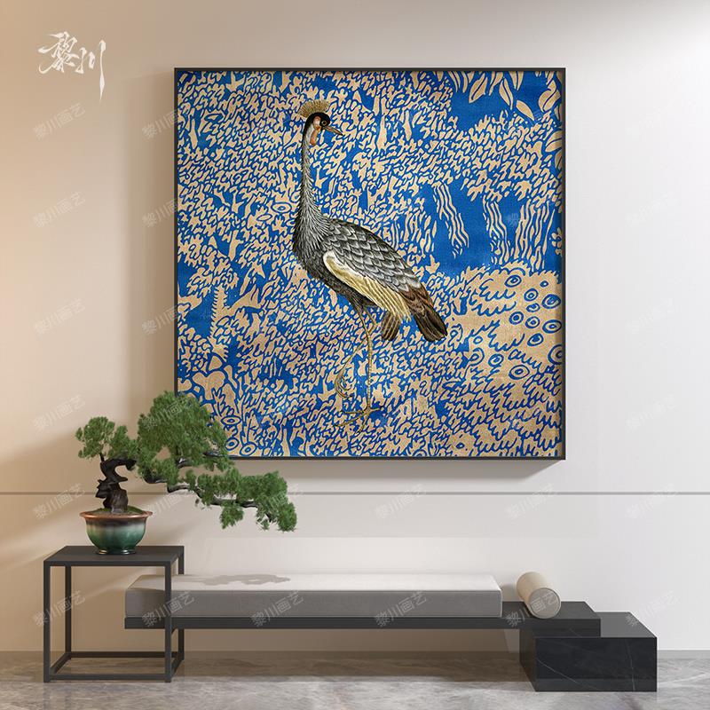 新中式蓝色复古轻奢动物酒店玄关客厅装饰画背景墙壁画方形挂画图片