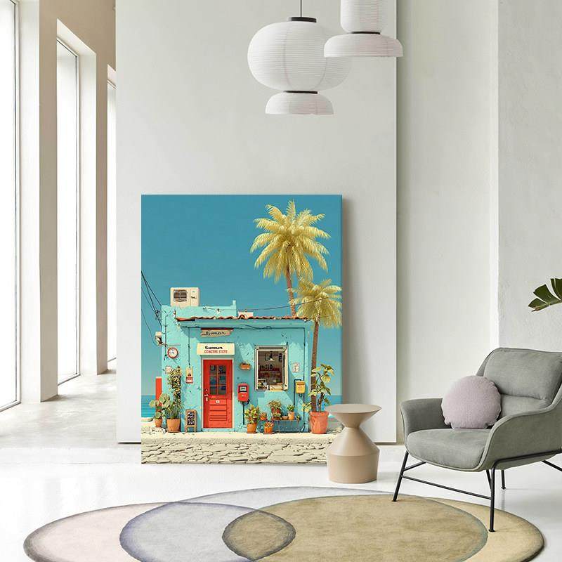 夏日海边咖啡馆手绘油画小清新客厅沙发后装饰画餐厅玄关挂画大幅,家居饰品,现代装饰画,淘宝优惠券,粉丝福利购,淘宝优惠卷