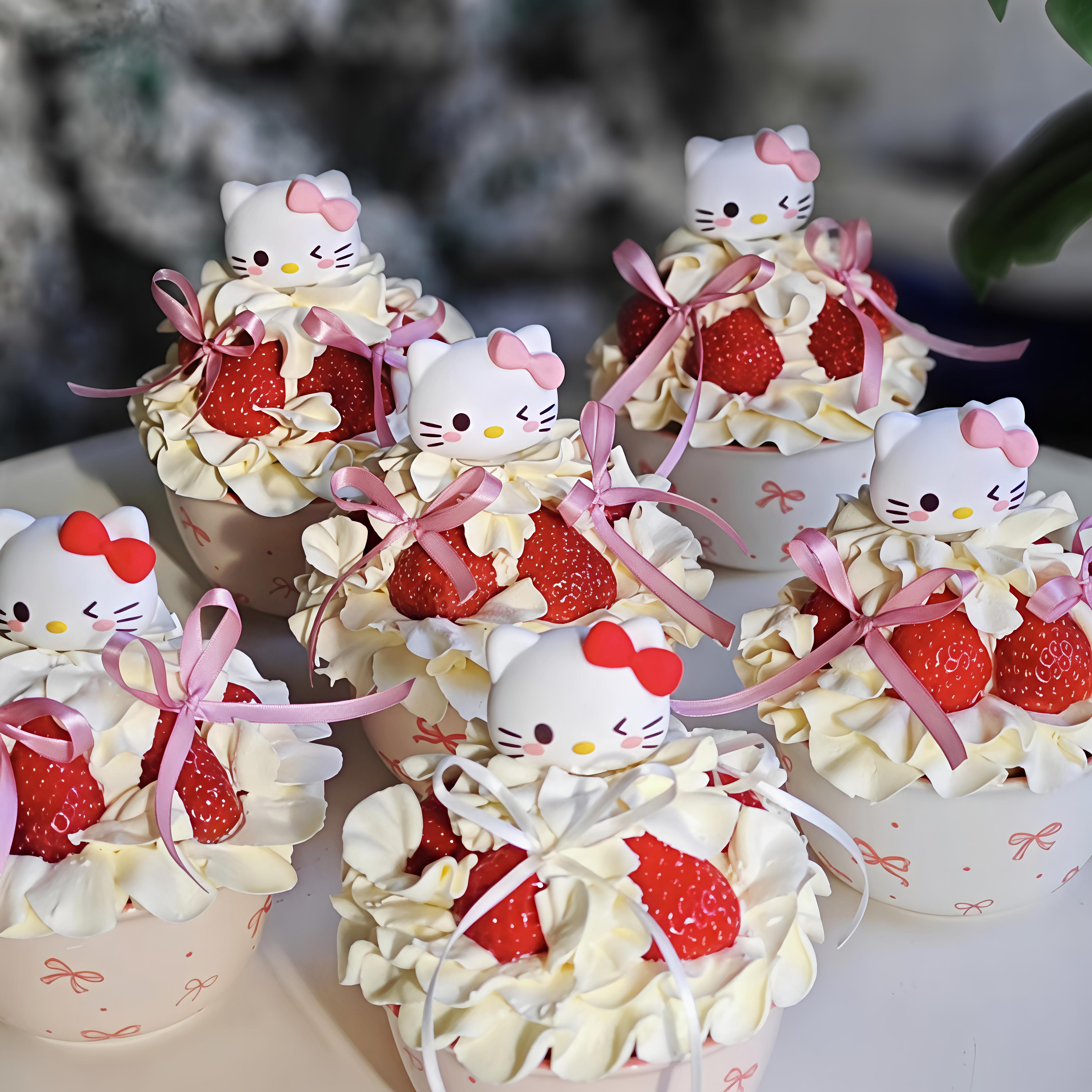 包邮圣诞节网红蛋糕装饰摆件陶瓷碗蝴蝶结粉白草莓碗Kitty猫插件