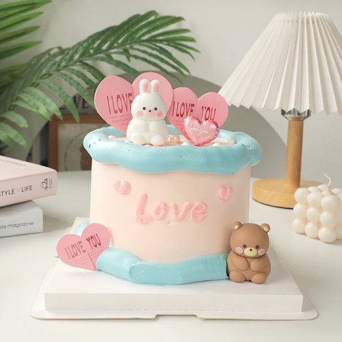 包邮七夕情人节软胶熊兔love插卡爱心摆件甜品派对 生日蛋糕装饰