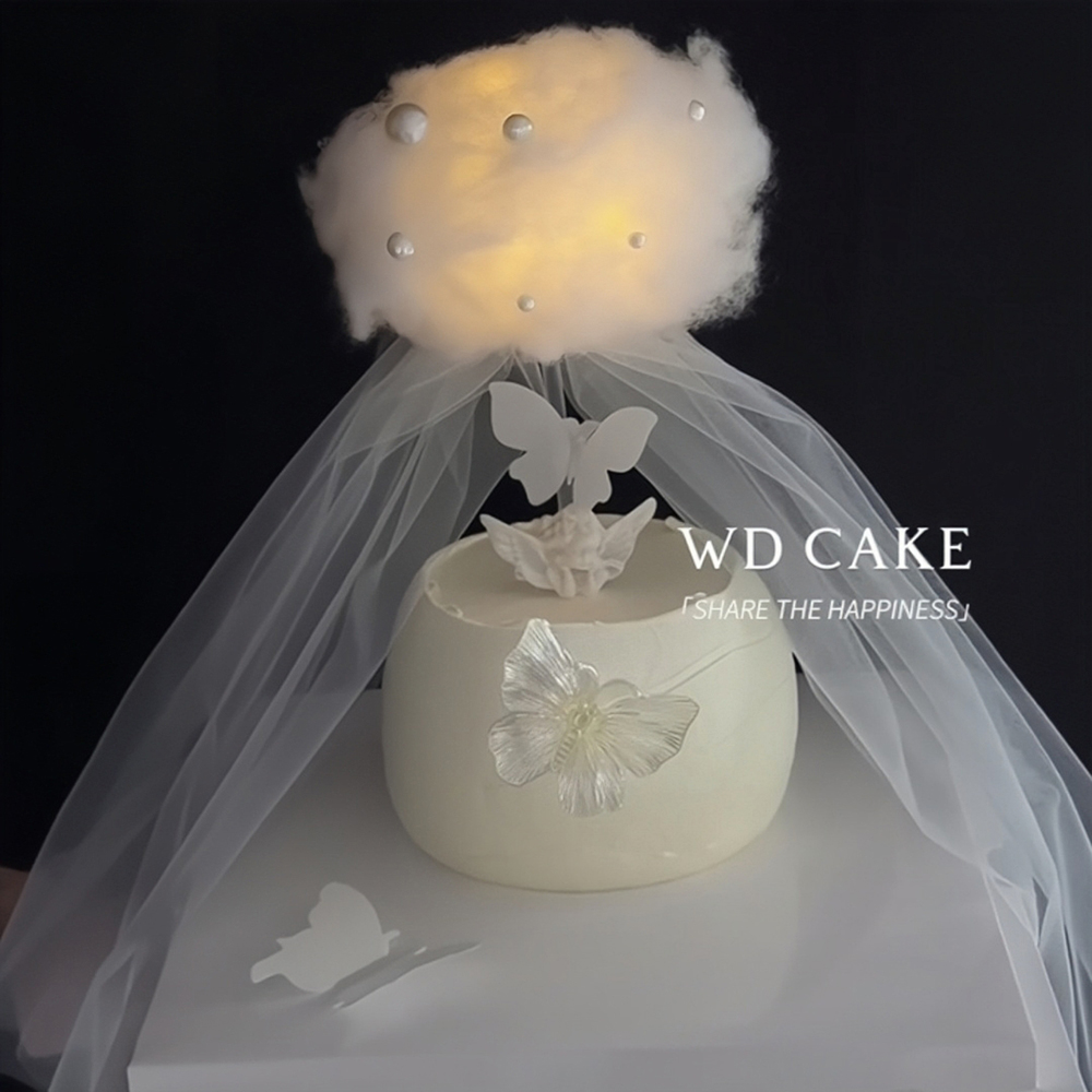 网红ins风氛围感烘焙蛋糕装饰摆件小仙女生日棉花云朵纱蝴蝶插件