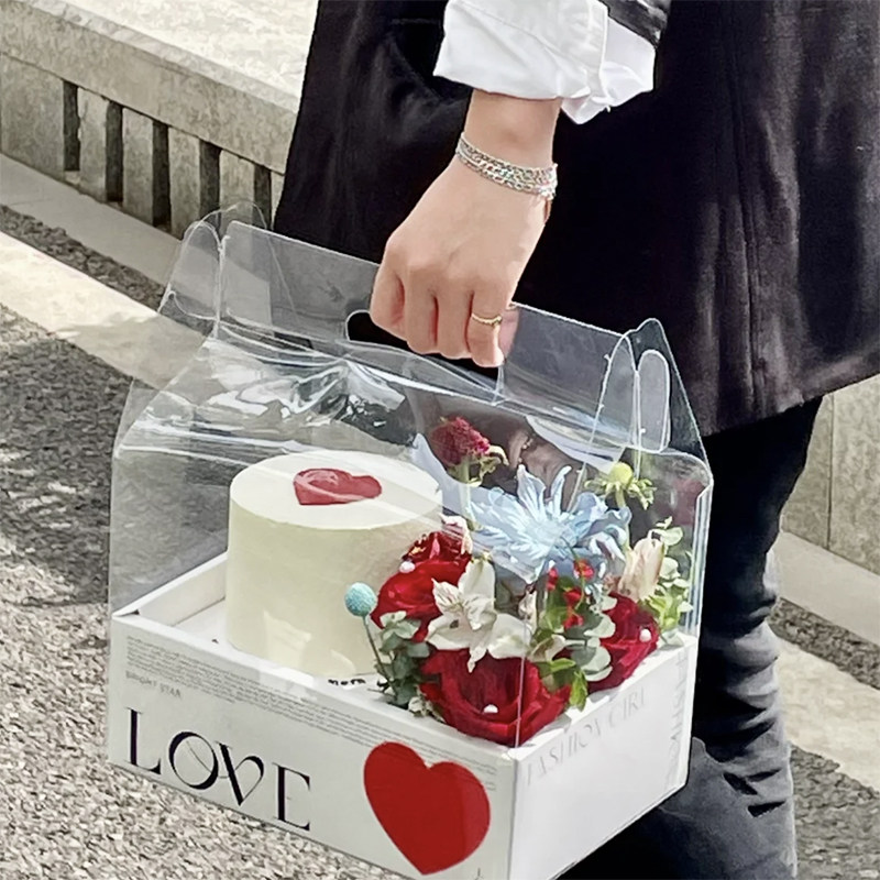 小红书同款七夕情人节烘焙装饰手提蛋糕盒韩式花艺玫瑰LOVE包装盒