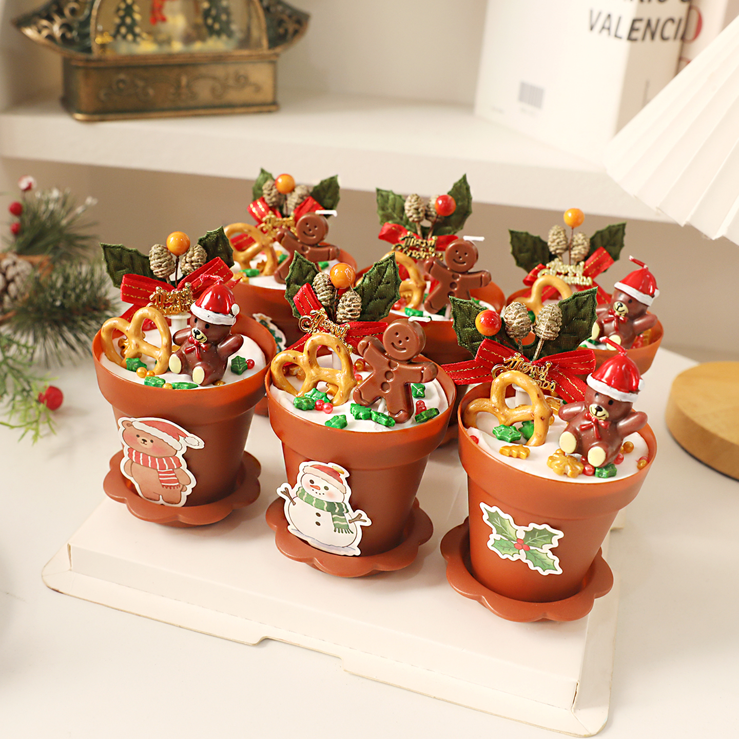 包邮圣诞节盆栽杯蛋糕圣诞蜡烛插件贴纸草圈花环冬青叶礼物插卡