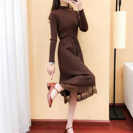 2023年秋冬长款毛衣裙过膝加厚新款女装半高领蕾丝拼接系带针织连