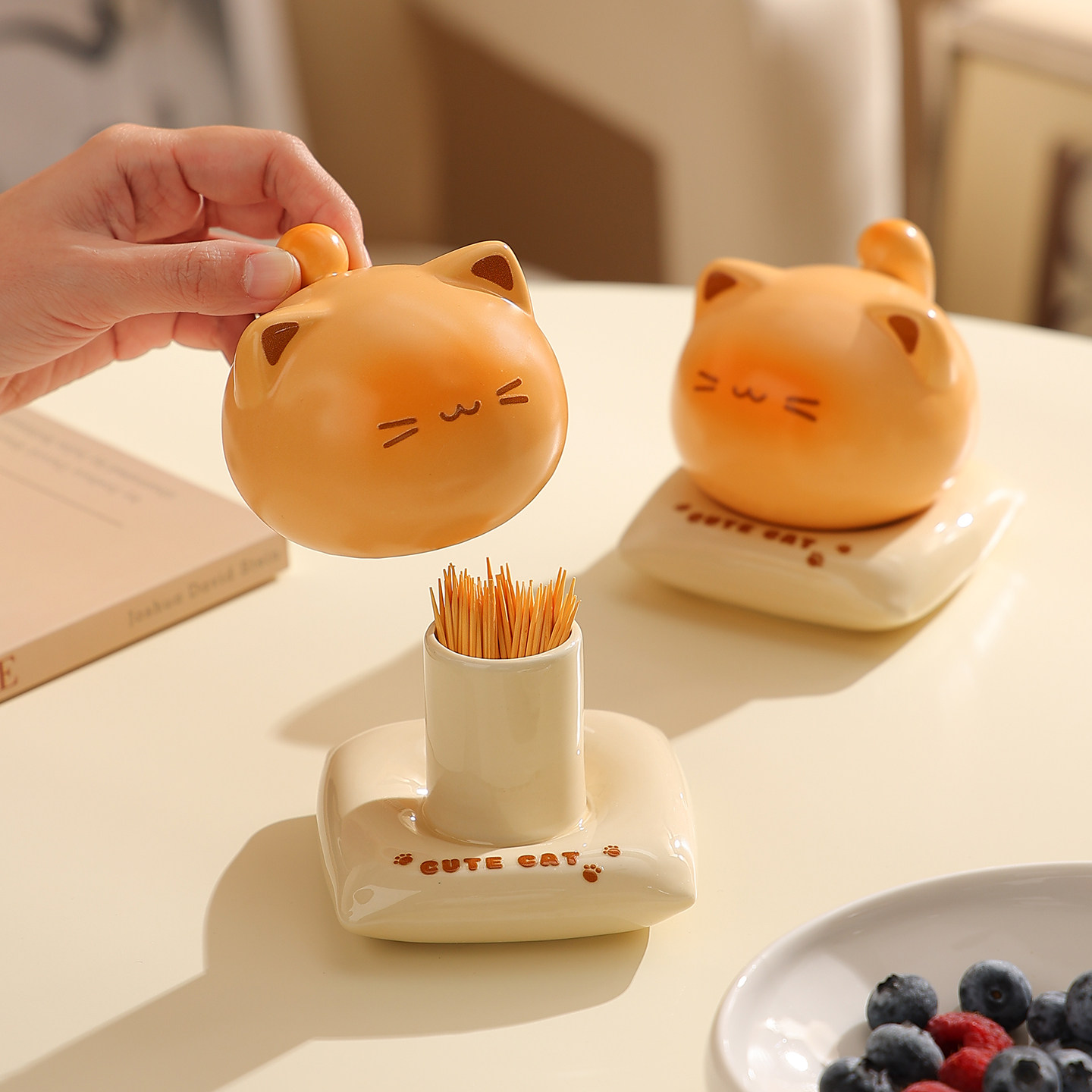 可爱小猫陶瓷牙签盒轻奢高级高颜值牙线棉签收纳牙签筒创意牙签罐,收纳整理,牙签盒,淘宝优惠券,粉丝福利购,淘宝优惠卷