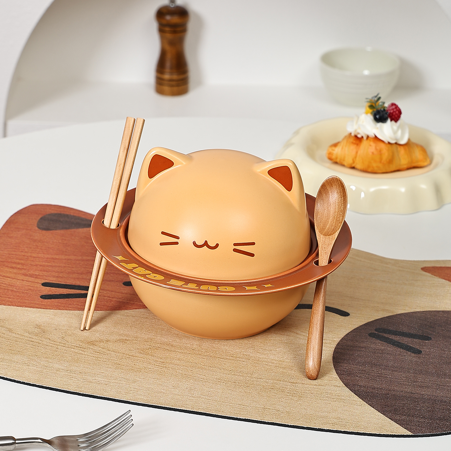 cookzone可爱猫咪陶瓷带盖泡面碗