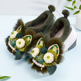冬季软底民族风手工虎头棉鞋女加绒老北京汉服布鞋保暖厚底绣花鞋