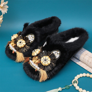 冬季加绒手工包头虎头拖鞋女新中式民族风汉服棉鞋保暖绣花布拖鞋