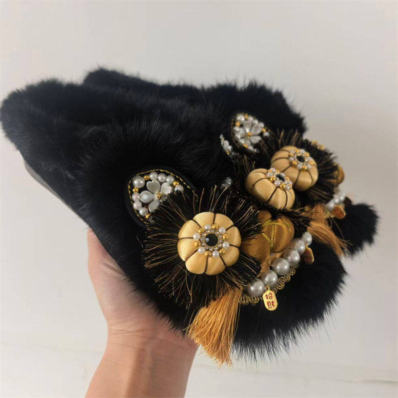 冬季加绒手工包头虎头拖鞋女新中式民族风汉服棉鞋保暖绣花布拖鞋