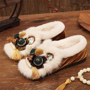 冬季新中式国风手工保暖虎头鞋女软底老北京复古布鞋加绒绣花棉鞋