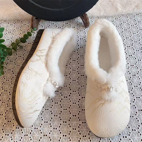 中式古风加绒保暖妈妈棉鞋刺绣