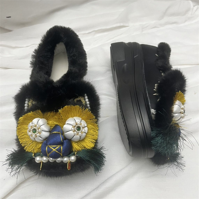 手工高跟厚底加绒虎头棉鞋中国风