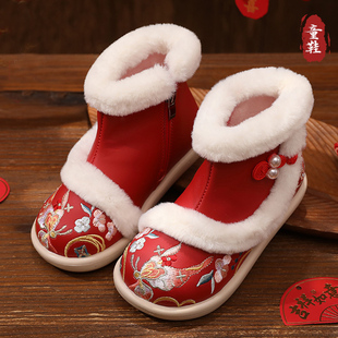 女童古风汉服鞋新款冬防水雪地靴民族风儿童中式加绒拜年绣花棉鞋