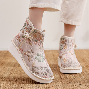 民族风厚底汉服棉靴老北京布鞋 古风加绒绣花短靴中国风配旗袍女靴