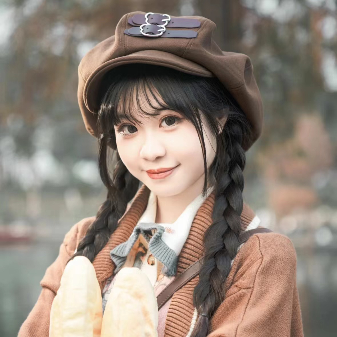 复古百搭云朵贝雷帽日系秋冬纽扣元素报童帽女生显脸小大头围帽子