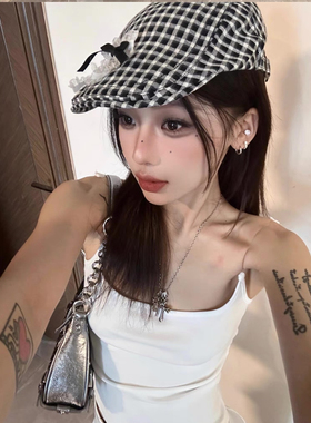 韩系可爱蝴蝶结黑色格纹显脸小复古前进帽子女小众画家帽报童帽女