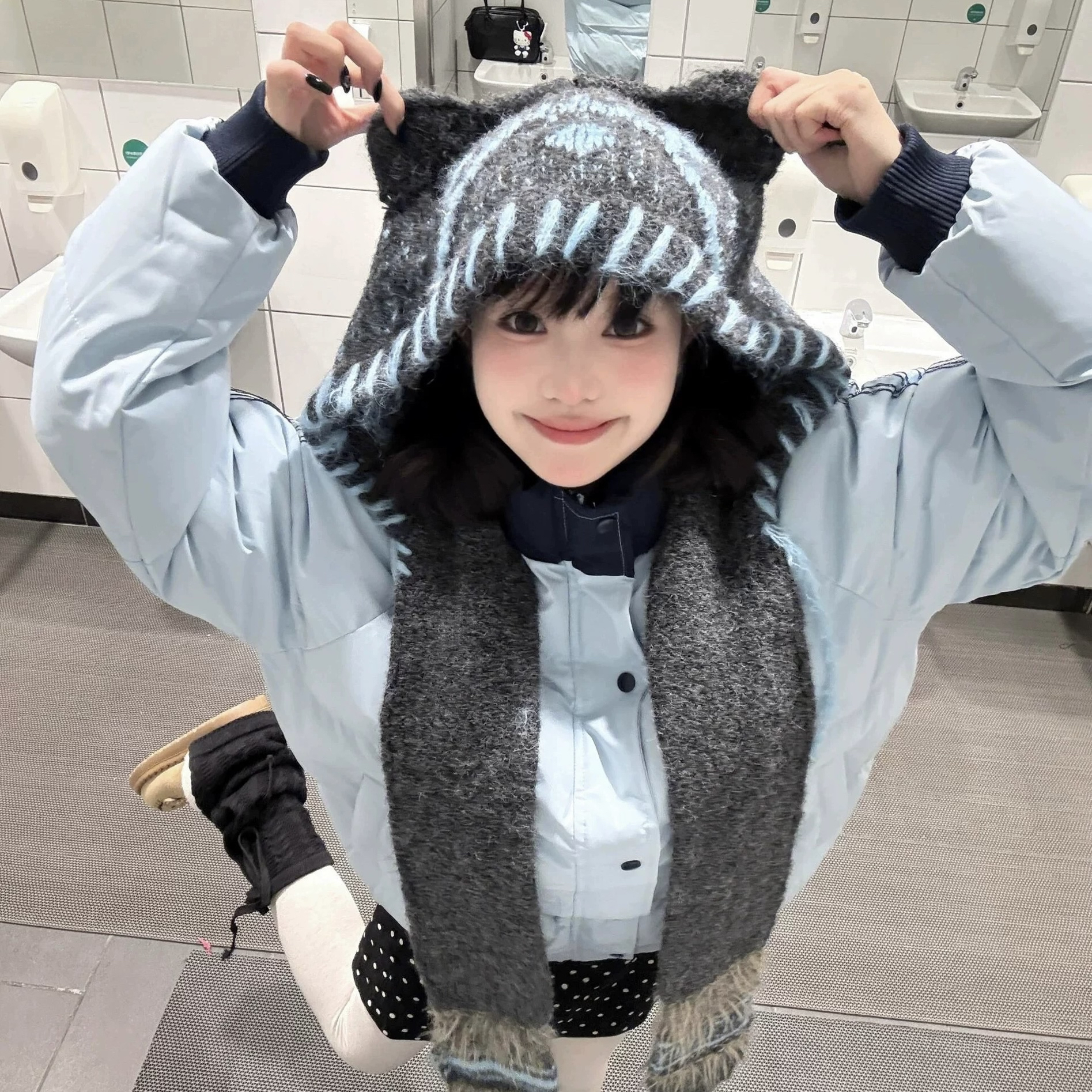 可爱小熊耳朵帽子围巾一体女冬季2024新款韩版加厚保暖护耳针织帽