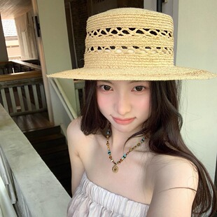 夏防晒镂空优雅礼帽 手工编织平顶草帽子女2025新款 100%拉菲草