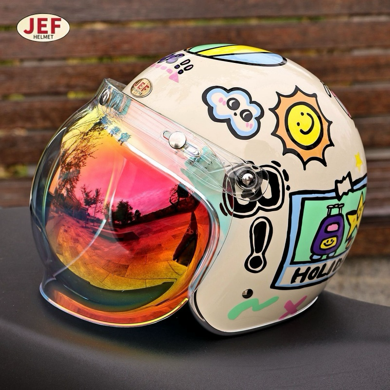 台湾JEF复古盔摩托车头盔男缤纷假日踏板安全帽3/4盔3C卡通秋冬
