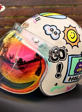 台湾JEF复古盔摩托车头盔男缤纷假日踏板安全帽3/4盔3C卡通秋冬