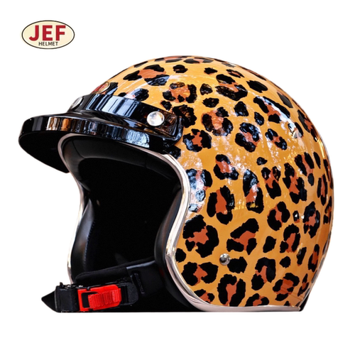 台湾JEF豹纹复古摩托车3/4头盔