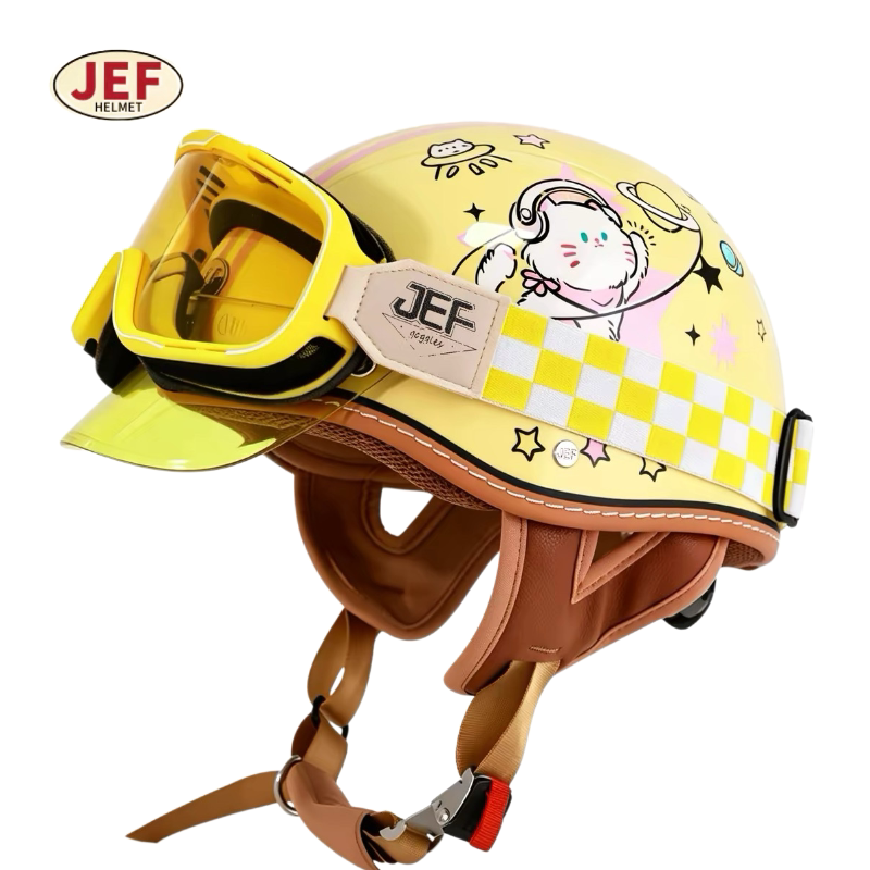 台湾JEF卡通猫咪摩托车头盔女夏季半盔黄色可爱安全帽透气轻瓢盔