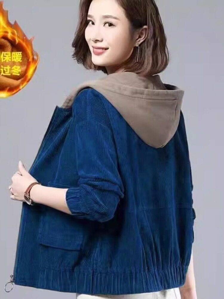 FLEECE THICKENED CORDUROY JACKET FOR FEMALE MOTHERS FASHIONABLE KOREAN VERSION OF LOOSE HOODED COMPOSITE JACKETS VERSATILE TEMPERAMENT