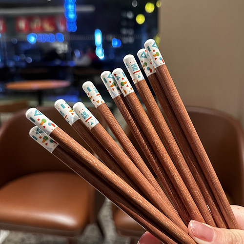 红檀木筷子套装陶瓷头日式10双装